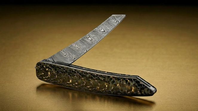 
                    Limited pocket knife damask carbon/gold with gold-coloured inlays in the carbon handle and a blade and back made of damask steel
