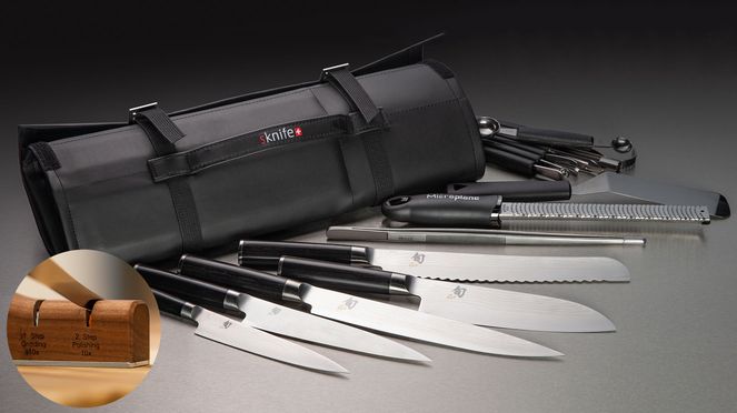 
                    Messertasche Shun mit Schleifgerät mit Kai Shun Messern und sknife Schleifgerät