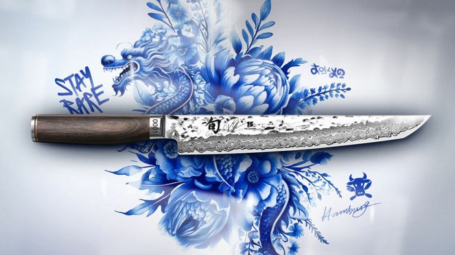 
                    Tantō Messer Legend Damastmesser ist von seiner Länge her prädestiniert zum Tranchieren