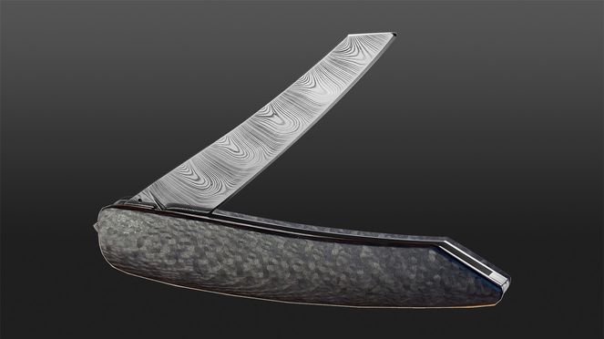 
                    The pocket knife damask carbon made by the knife manufactory sknife in Biel