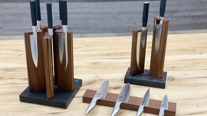 
                    magnetic strip walnut with Kai knife blocks