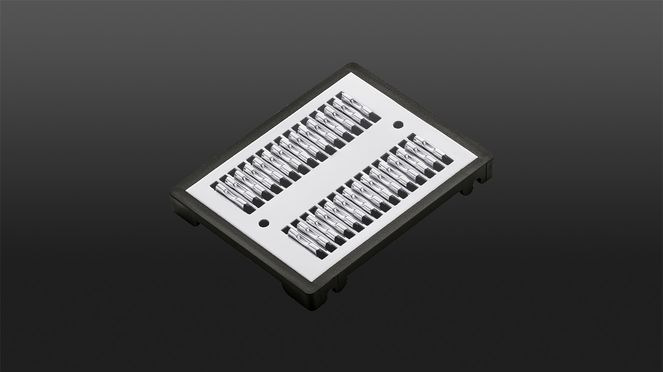 
                    Juliennehobel mit drei auswechselbaren Einsätzen: dieser ist für 1,5 x 1,5 mm feine Gemüsestreifen