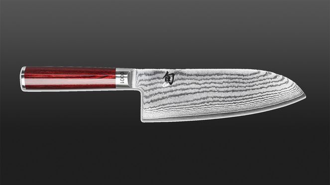 
                    Shun Classic Red Santoku 32 Lagen Damaststahlmit rot-gemasertem Pakkaholz-Griff